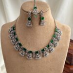 Silver Tone Teardrop Shaped American Diamond Studded Necklace with Earrings