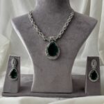 Green Color Faux Diamond Medium Necklace Set.